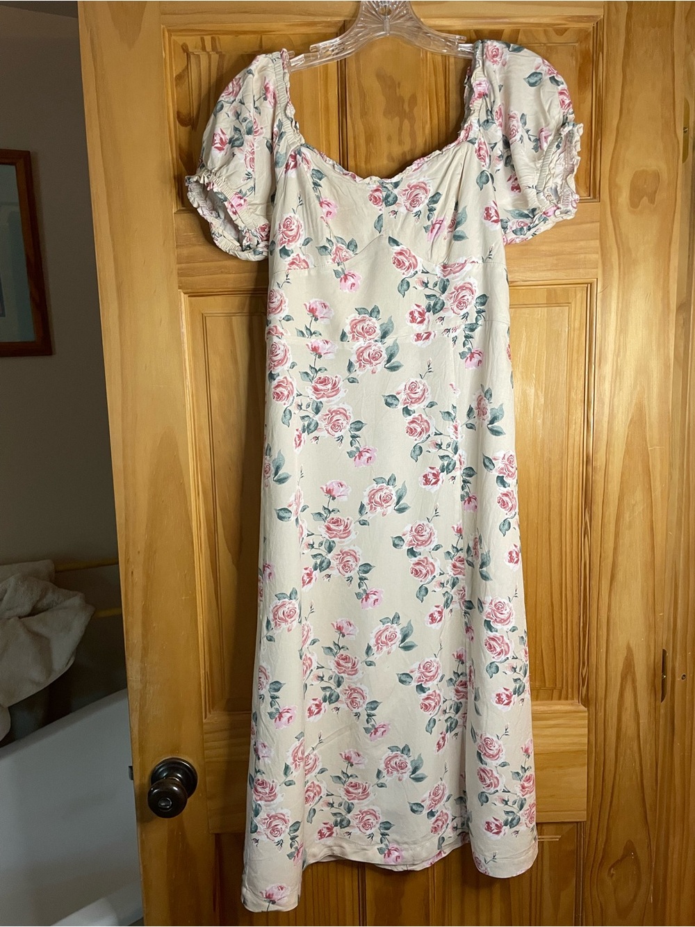 Lavender Moon Cream Midi Dress with Pink Rose Pattern